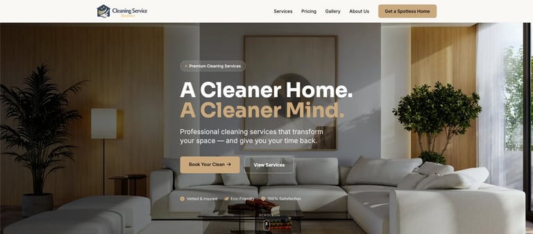 Professional cleaning service website homepage featuring a modern living room with the headline A Cleaner Home, A Cleaner Mind and call-to-action buttons