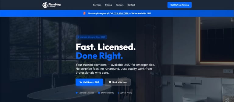 Plumbing company website hero section with Fast Licensed Done Right tagline and call-to-action buttons