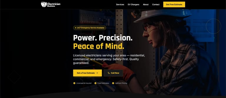 Professional electrician in hard hat and work uniform performing electrical service with the tagline Power, Precision, Peace of Mind