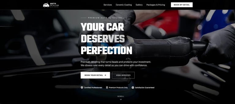 Car detailing service website hero section with text Your Car Deserves Perfection and detailing tools